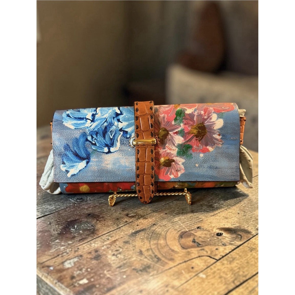 OOAK Hand Painted Leather Clutch Purse Water Color Floral Artisan Eclectic Signe
